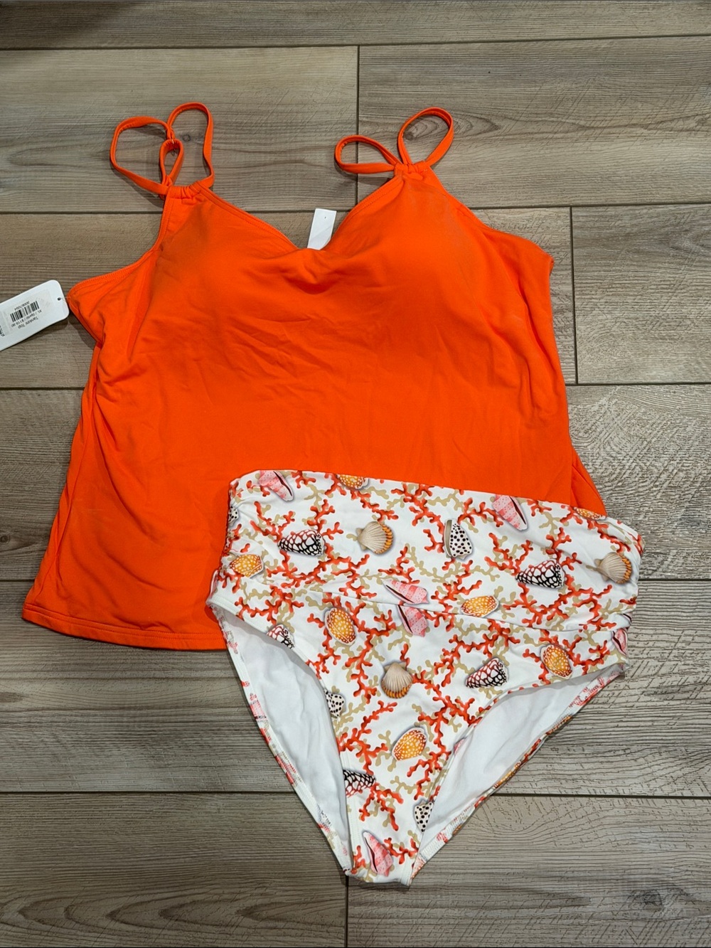 Bright Orange Tankini Top with Coral Shell Print High-Waist Bikini Bottoms